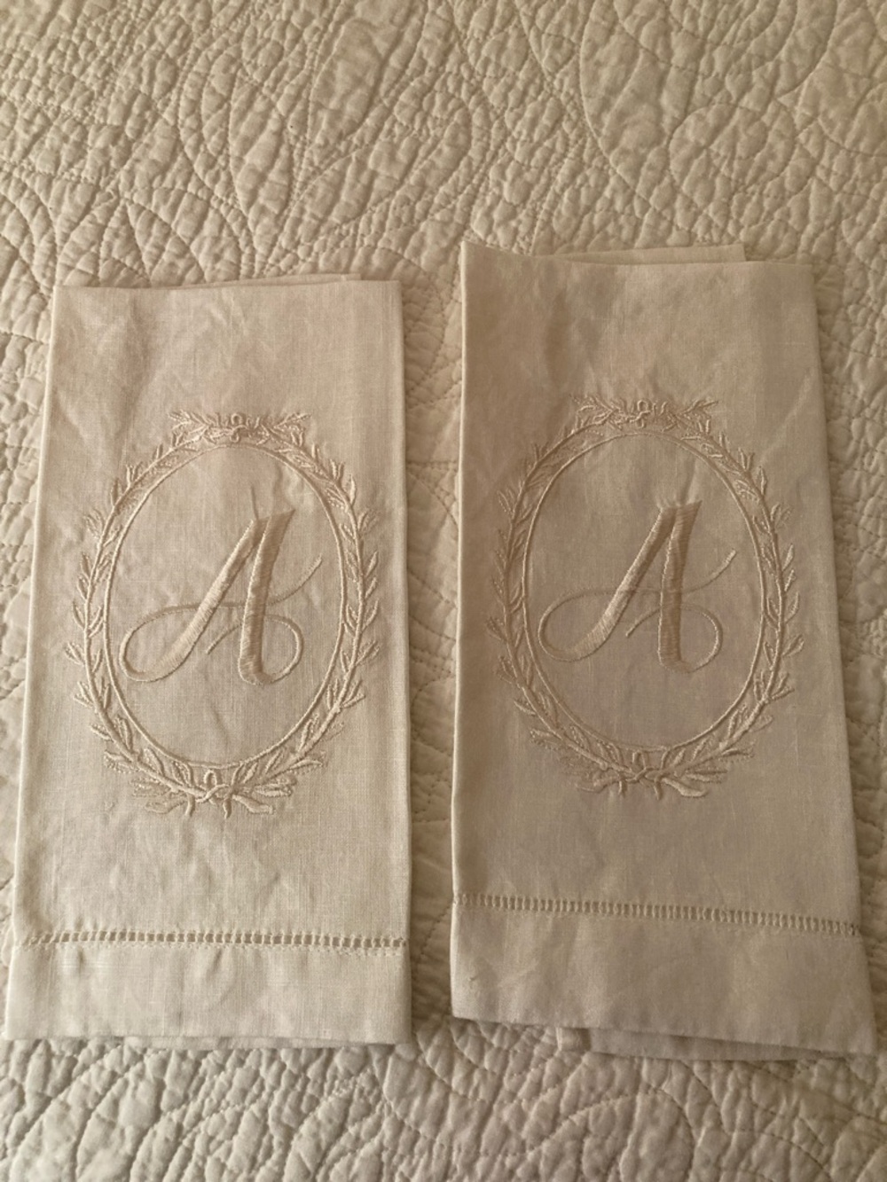Embroidered Monogram 'A' Linen Hand Towels - Set of 2 - Neutral Cream